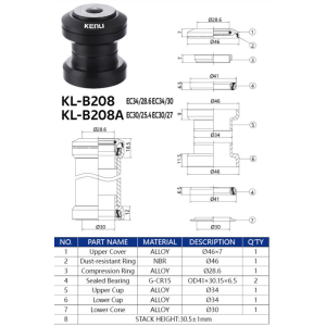 Рульовий набір KENLI KL-B208 1-1/8" EC 34/28.6 EC 34/30 для без різьбової вилки пром підшипник (100шт в ящику) доступно від 1 шт. Photo 2